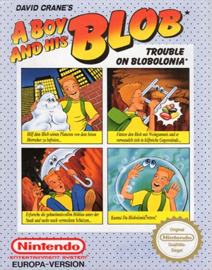 David Crane’s A Boy and His Blob: Trouble on Blobolonia cover art for Famicom